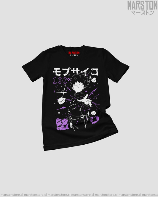 Polera negra de Mob Psycho 100 con diseño anime