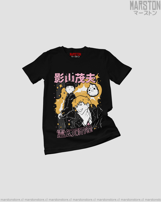 Polera negra de Mob Psycho 100 con diseño anime