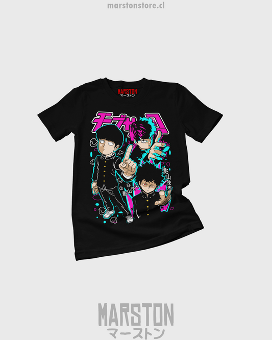 Polera negra de Mob Psycho 100 con Shigeo Kageyama, Mob
