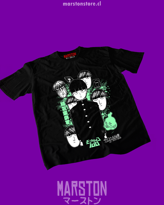 Polera negra de Mob Psycho 100 con Shigeo Kageyama, Mob