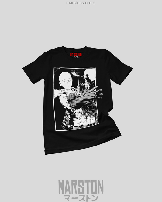 Polera negra de One Punch Man con Saitama