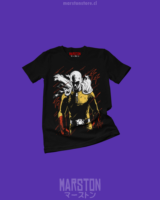 Polera negra de One Punch Man con Saitama