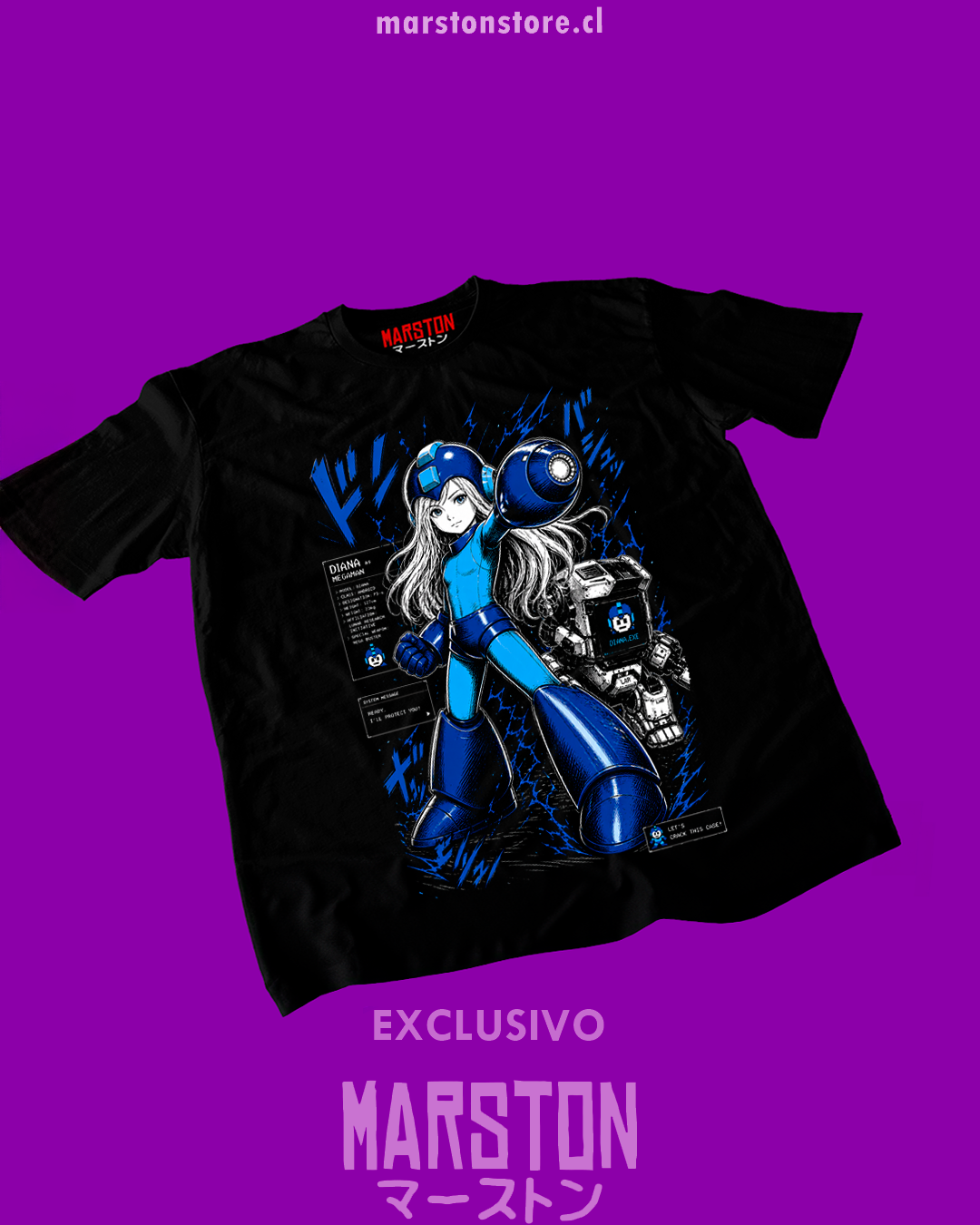 Polera negra crossover Pragmata x Mega Man con Diana