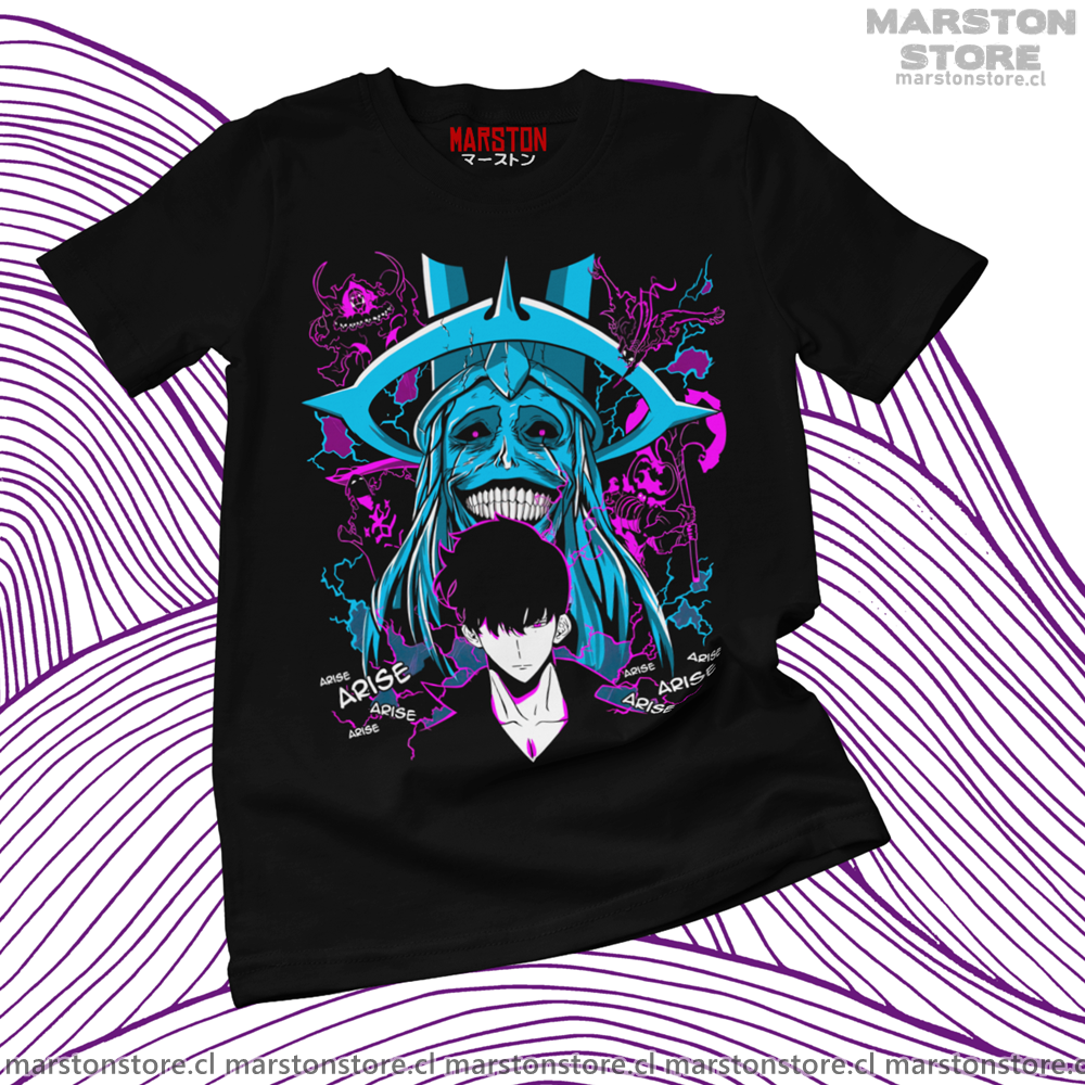 Polera negra de Solo Leveling con diseño anime