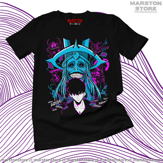 Polera negra de Solo Leveling con diseño anime