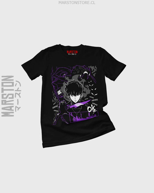 Polera negra de Solo Leveling con diseño anime