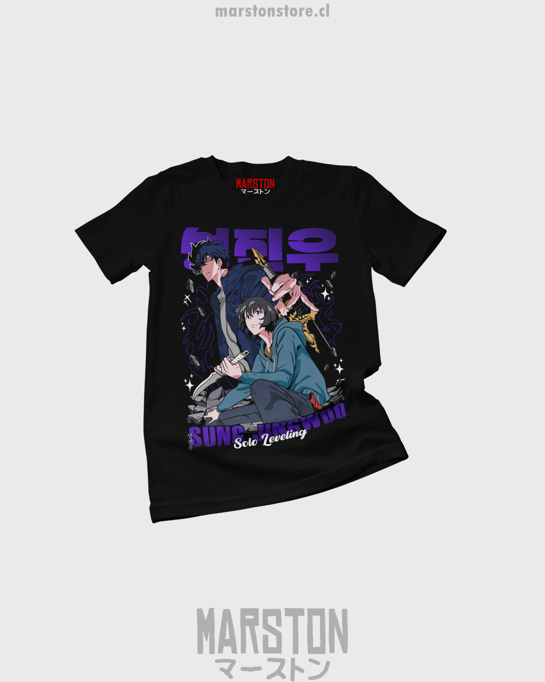 Polera negra de Solo Leveling con diseño anime