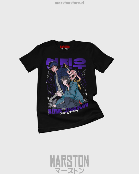 Polera negra de Solo Leveling con diseño anime