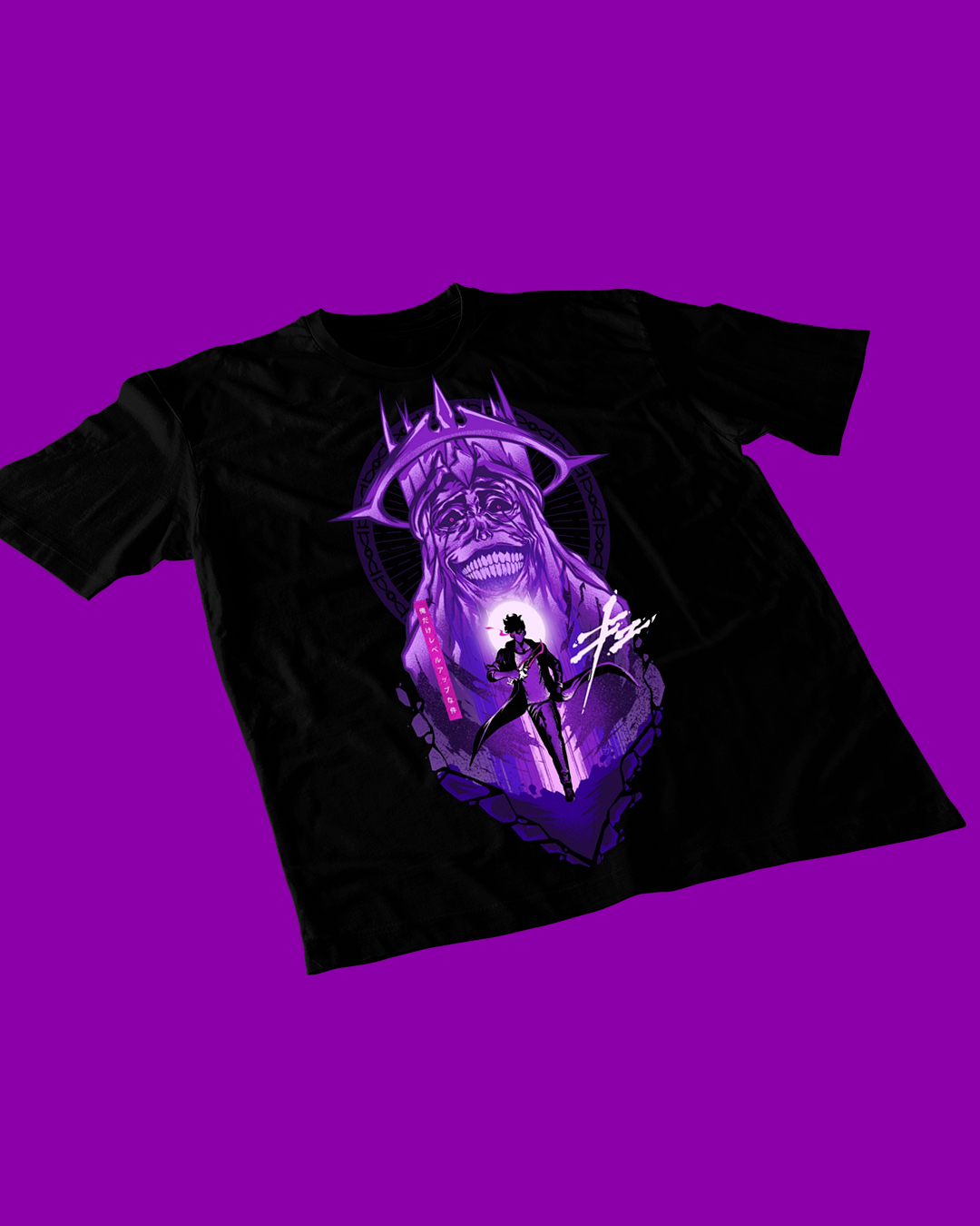 Polera negra de Solo Leveling con diseño anime