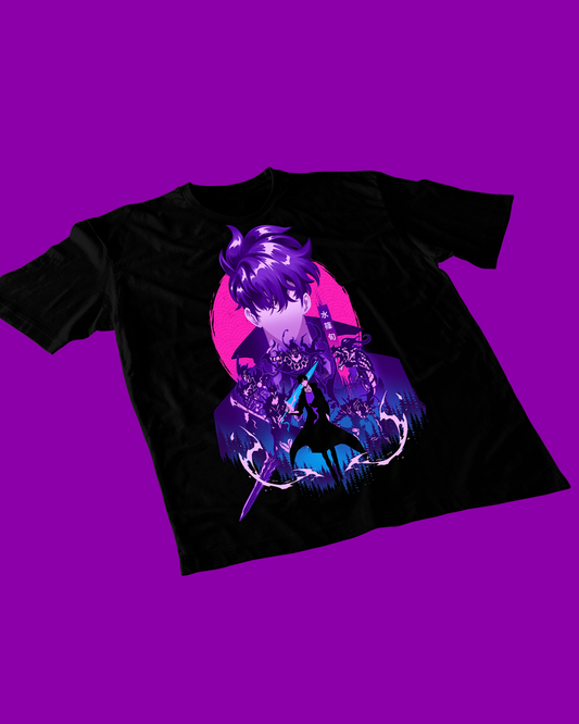 Polera negra de Solo Leveling con diseño anime