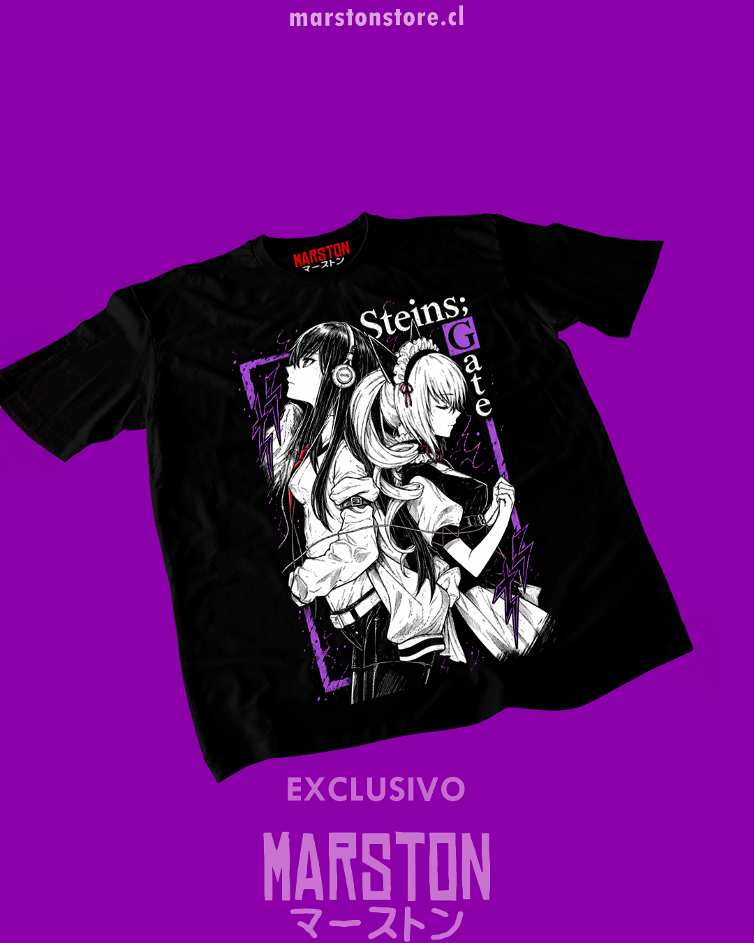 Polera negra de Steins;Gate con diseño anime