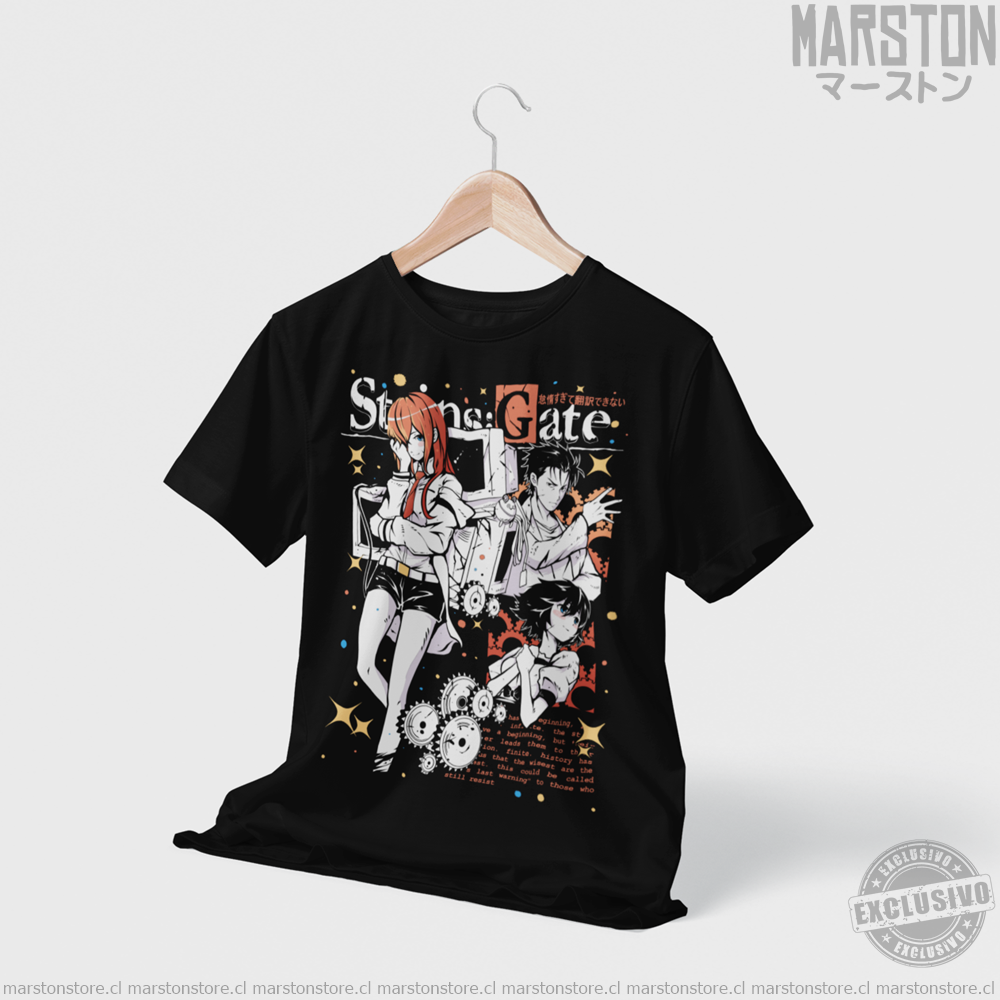 Polera negra de Steins;Gate con Kurisu Makise, Rintaro Okabe y Mayuri Shiina