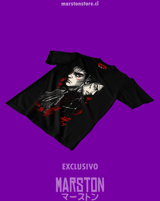 Polera negra crossover Vagabond x Berserk con Musashi y Guts