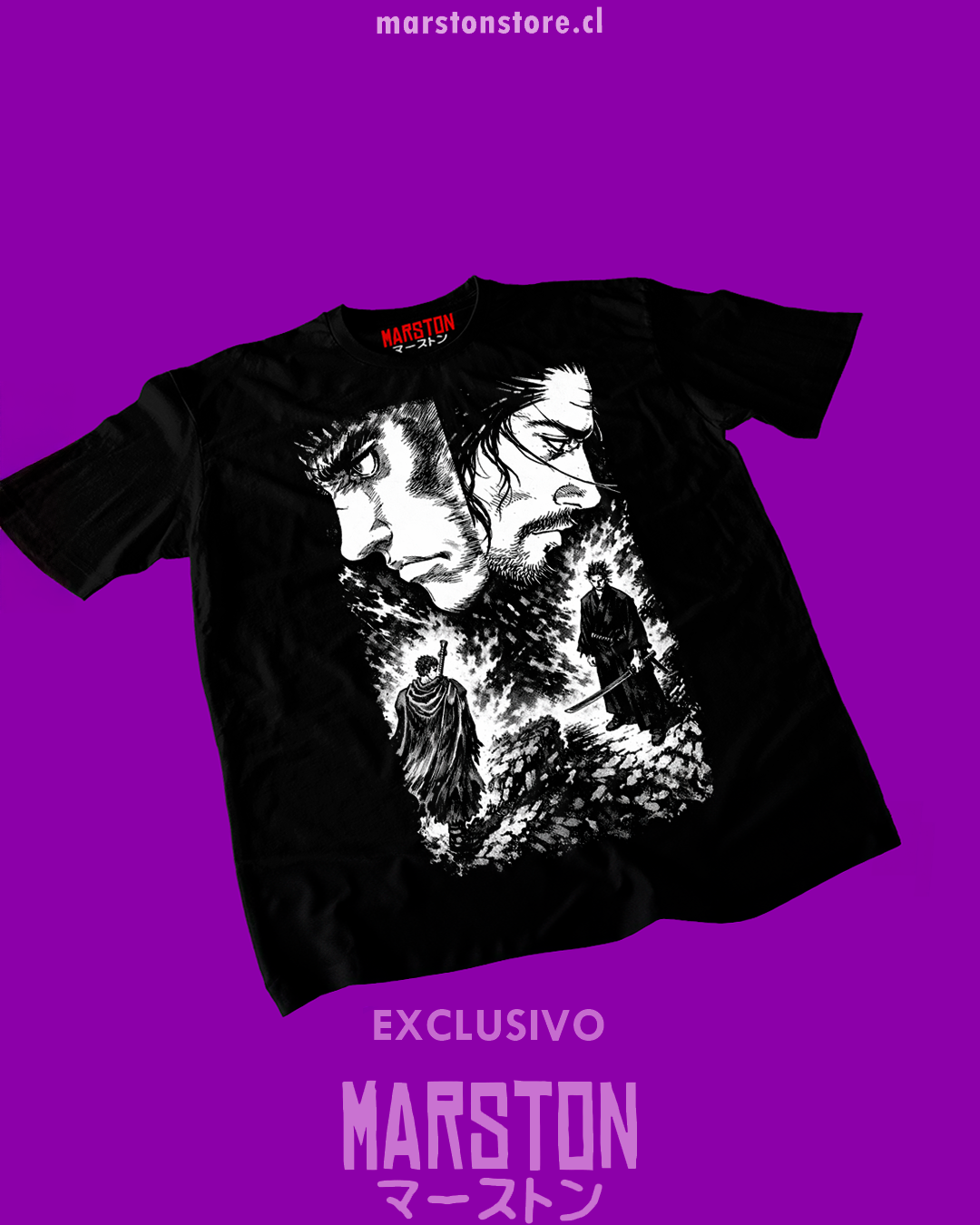 Polera negra crossover Vagabond x Berserk con Musashi y Guts