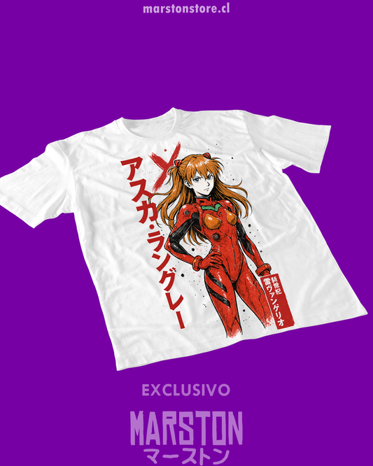Polera blanca Neon Genesis Evangelion con diseño de Asuka Langley Soryu