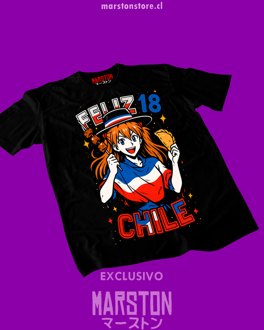 Polera negra Neon Genesis Evangelion de Asuka Langley Soryu Huasa para Fiestas Patrias de Chile