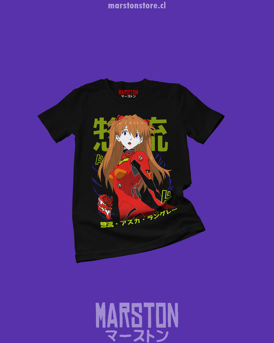Polera negra Neon Genesis Evangelion con diseño de Asuka Langley Soryu