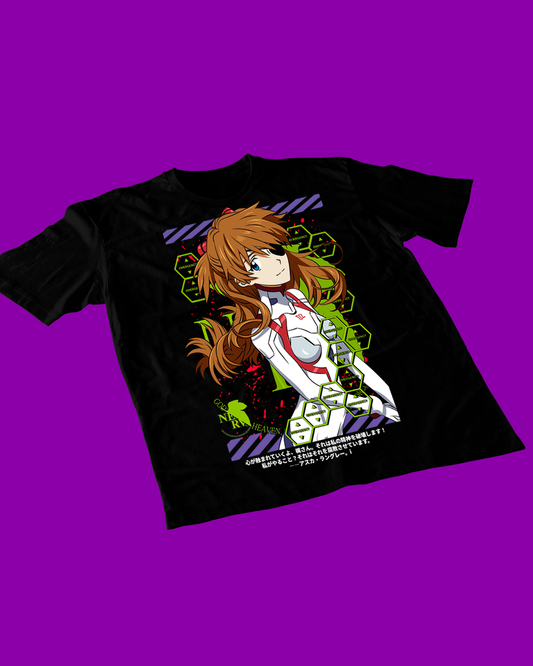 Polera negra Neon Genesis Evangelion con diseño de Asuka Langley Soryu