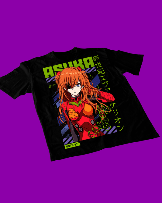 Polera negra Neon Genesis Evangelion con diseño de Asuka Langley Soryu