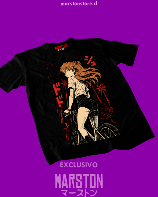 Polera negra Neon Genesis Evangelion con diseño de Asuka Langley Soryu