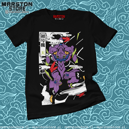 Polera negra Neon Genesis Evangelion con diseño inspirado en el anime