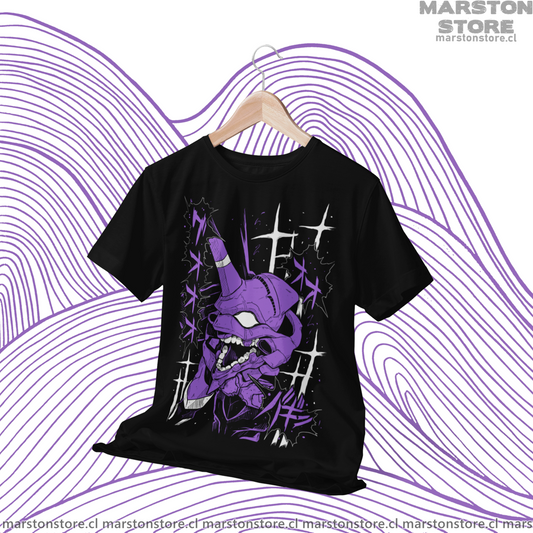 Polera negra Neon Genesis Evangelion con diseño inspirado en el anime