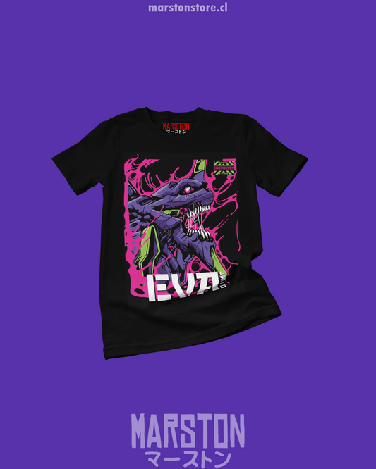 Polera negra Neon Genesis Evangelion con diseño inspirado en el anime