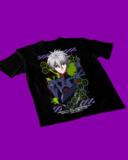 Polera negra Neon Genesis Evangelion con diseño de Kaworu Nagisa