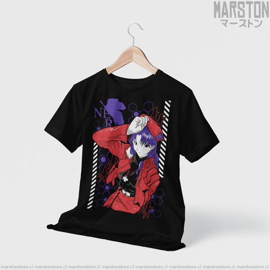 Polera negra Neon Genesis Evangelion con diseño de Misato Katsuragi