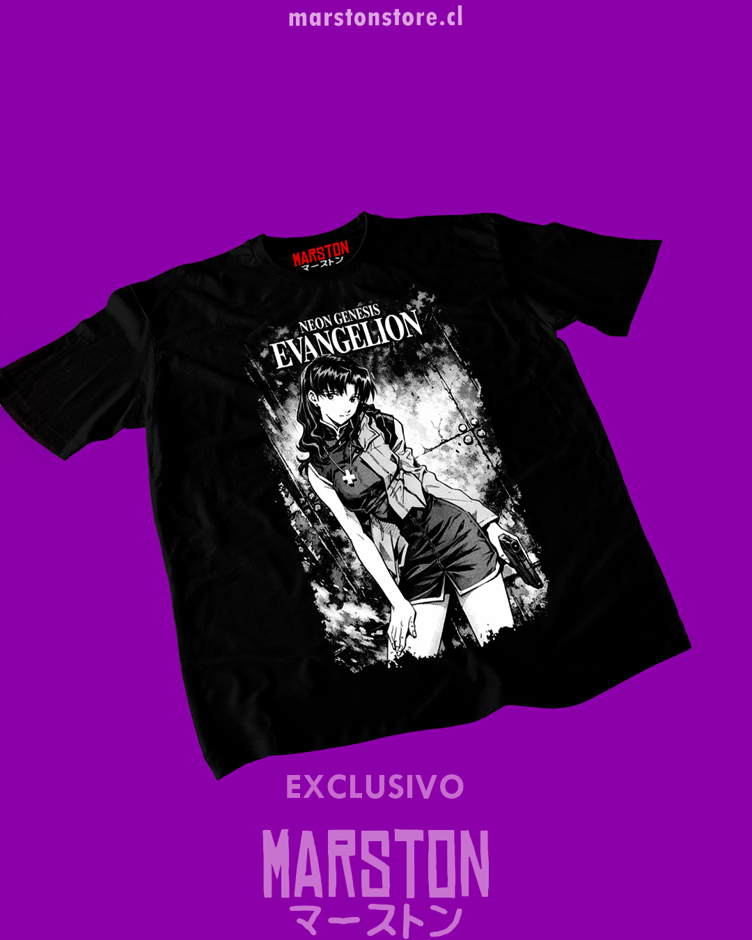 Polera negra Neon Genesis Evangelion con diseño de Misato Katsuragi