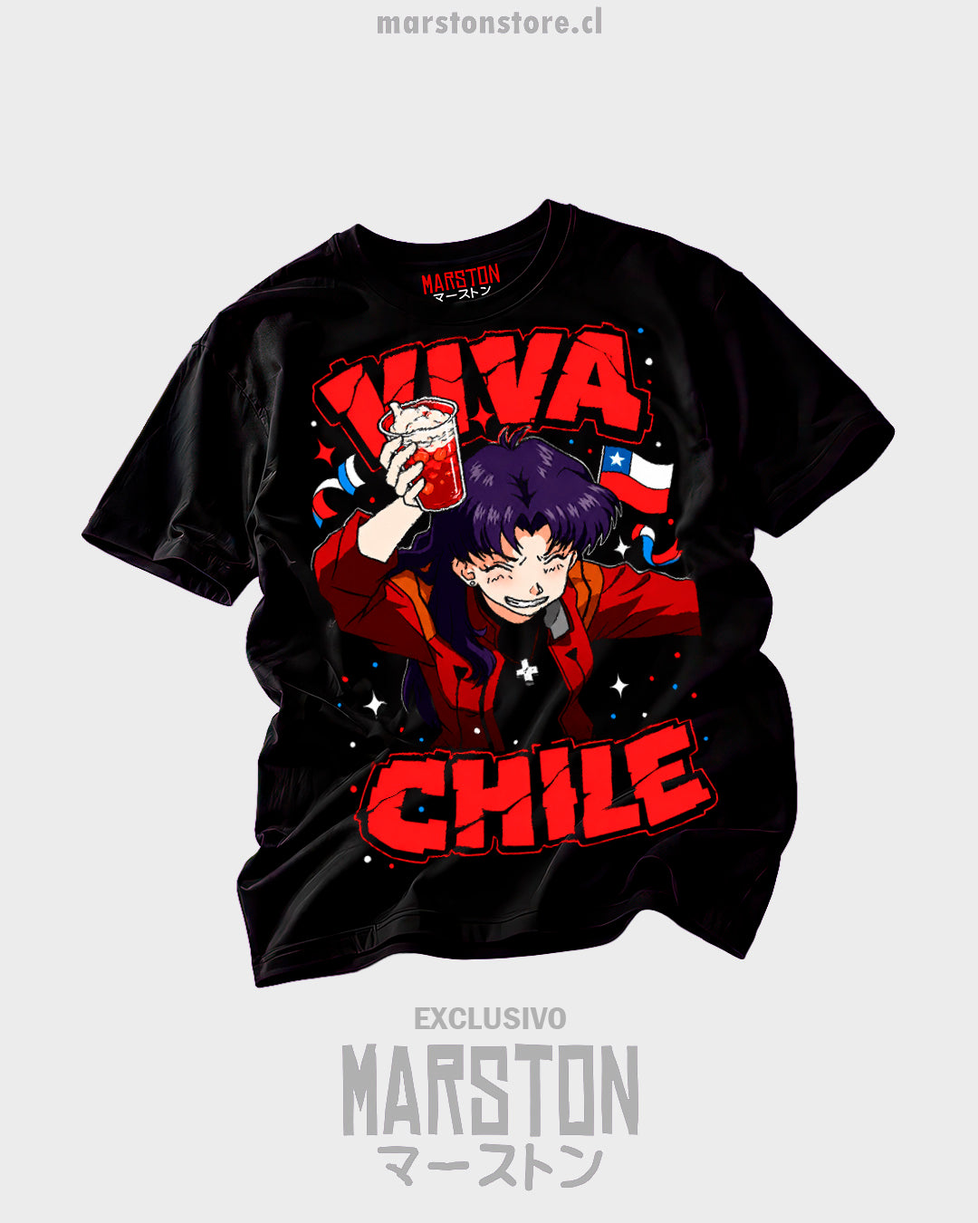 Polera negra Neon Genesis Evangelion Misato Katsuragi Viva Chile fiestas patrias 18 de septiembre