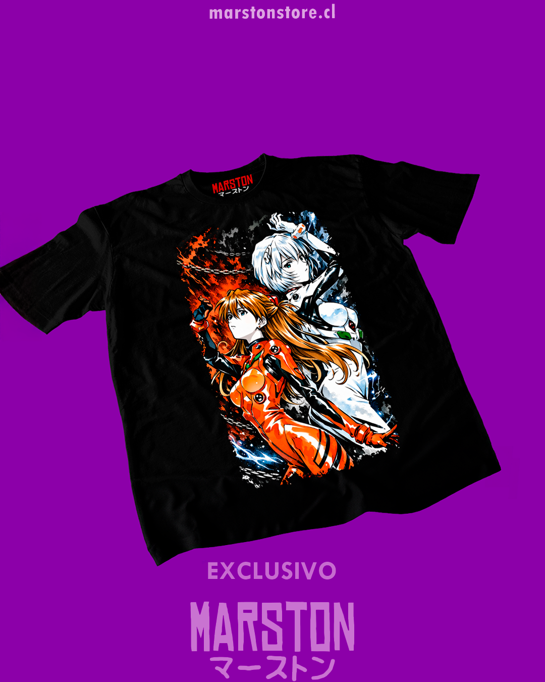 Polera negra Neon Genesis Evangelion con Rei Ayanami y Asuka Langley Soryu