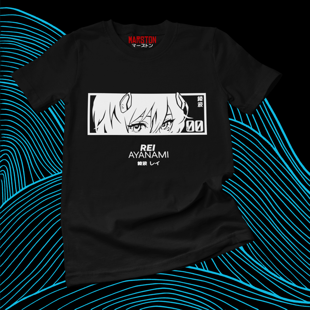 Polera negra Neon Genesis Evangelion con diseño de Rei Ayanami