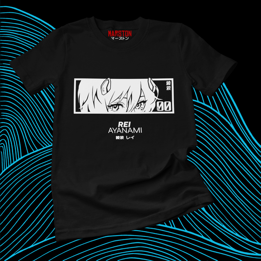 Polera negra Neon Genesis Evangelion con diseño de Rei Ayanami
