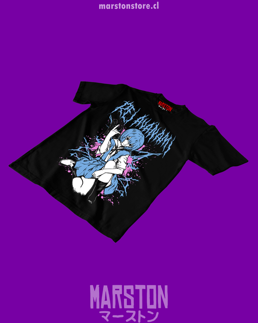 Polera negra Neon Genesis Evangelion con diseño de Rei Ayanami
