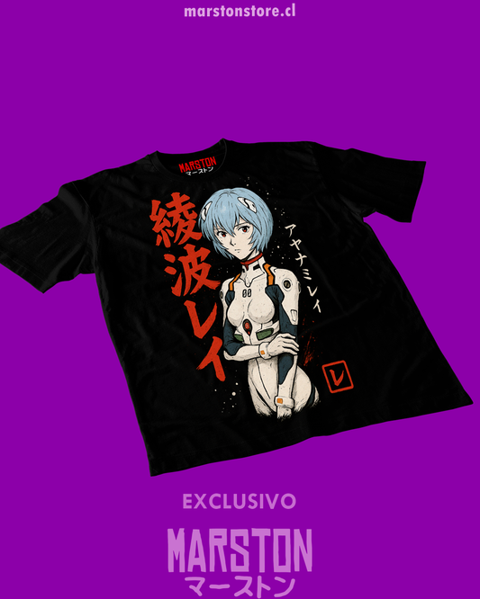 Polera negra Neon Genesis Evangelion con diseño de Rei Ayanami
