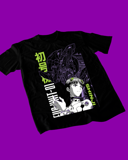 Polera negra Neon Genesis Evangelion con diseño de Shinji Ikari
