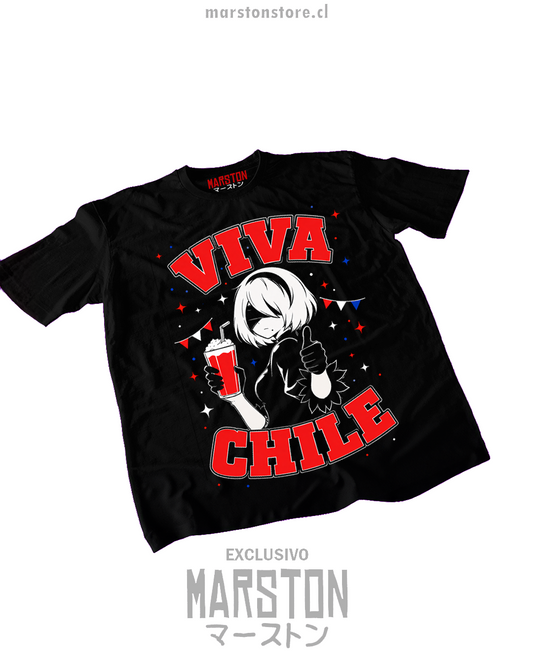 Polera negra NieR Automata de 2B con diseño dieciochero para Fiestas Patrias de Chile