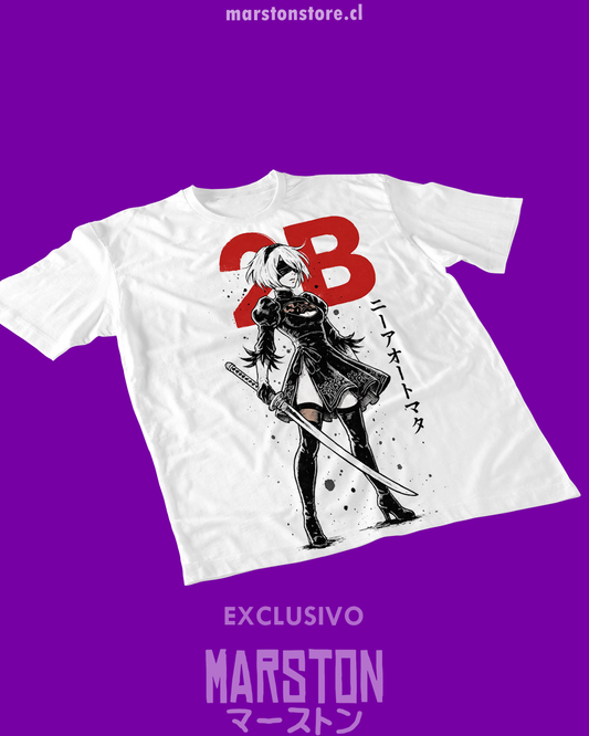 Polera blanca NieR: Automata con diseño de 2B