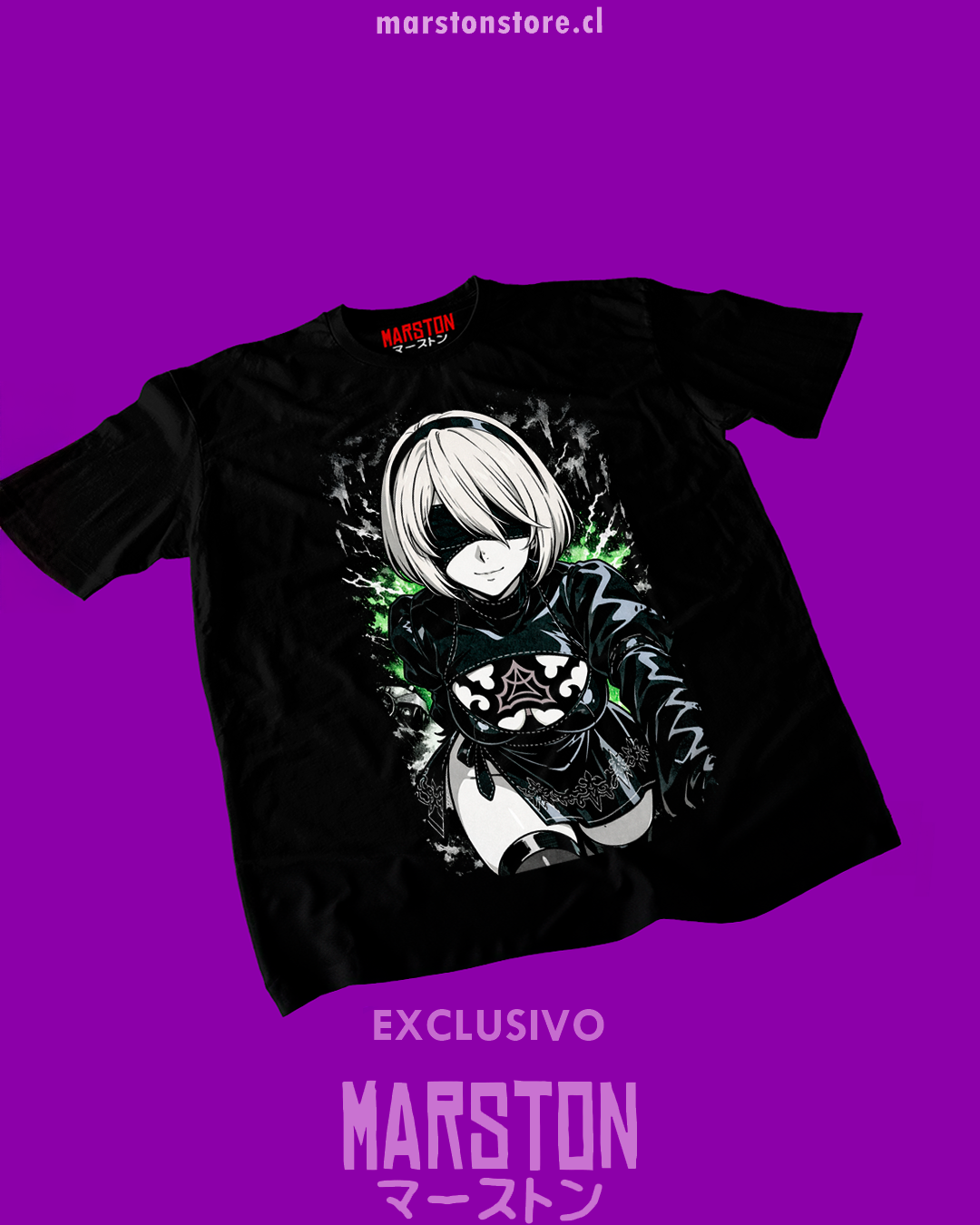 Polera negra NieR: Automata con diseño de 2B