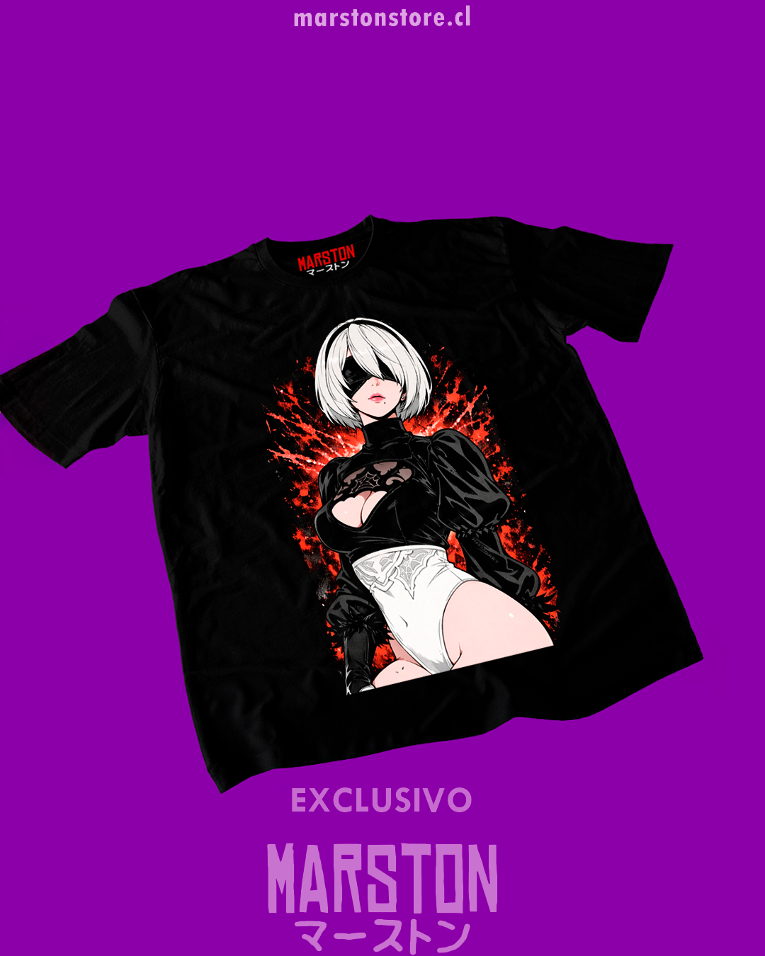 Polera negra NieR: Automata con diseño de 2B