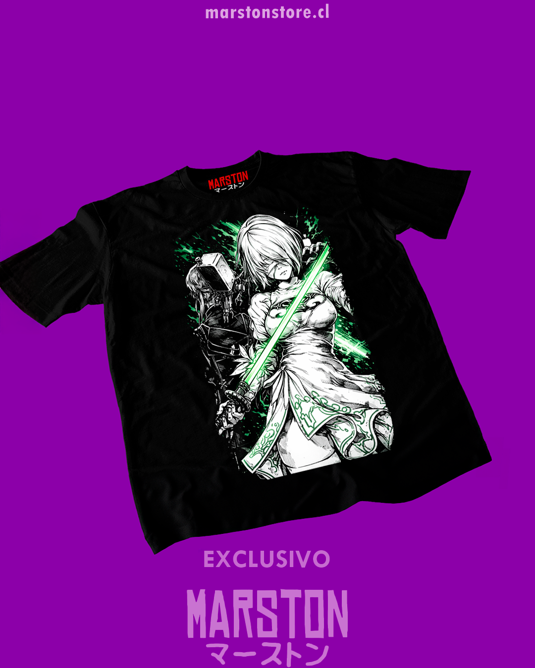 Polera negra NieR: Automata con diseño de 2B