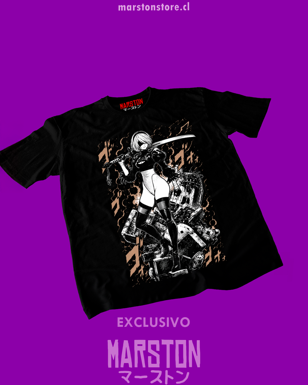 Polera negra NieR: Automata con diseño de 2B