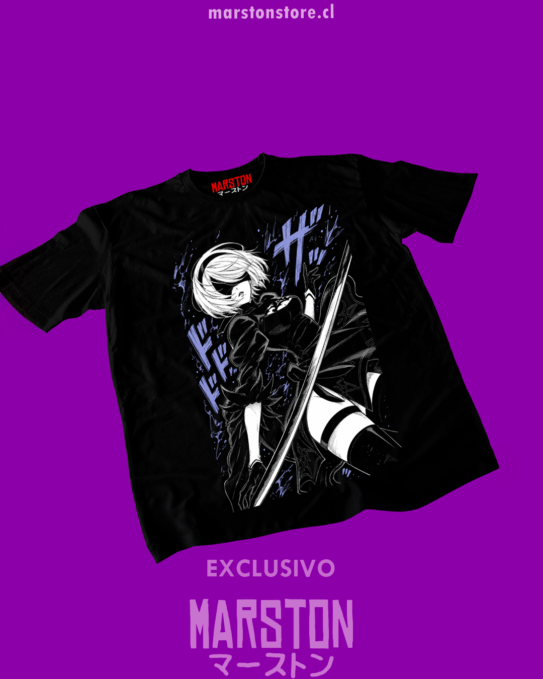 Polera negra NieR: Automata con diseño de 2B
