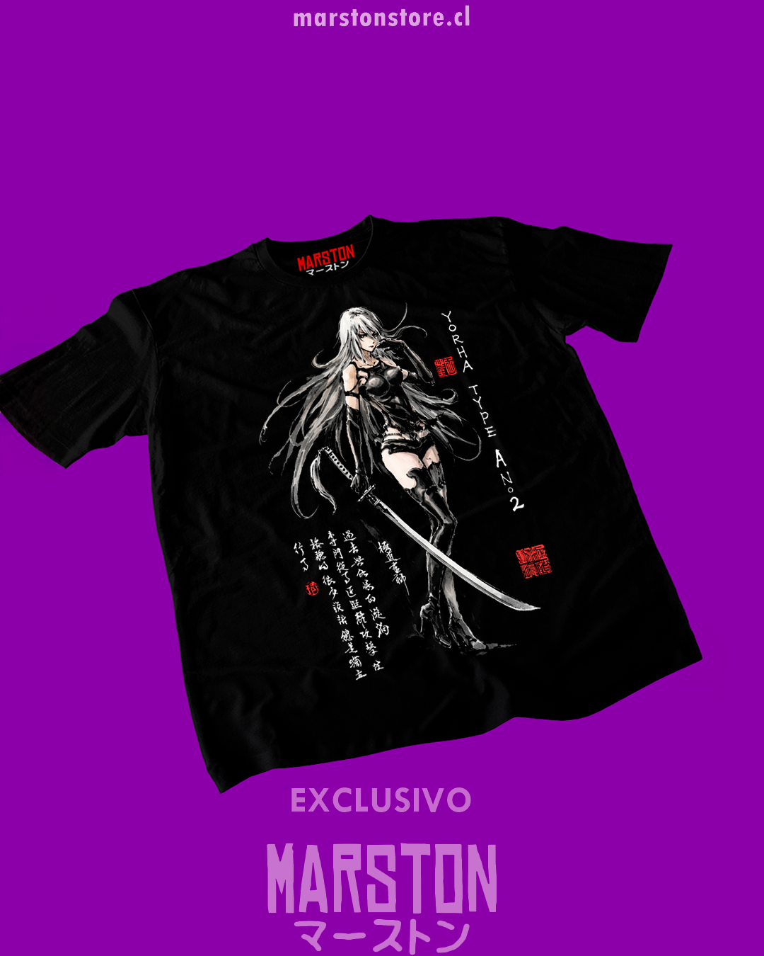 Polera negra NieR: Automata con diseño de A2