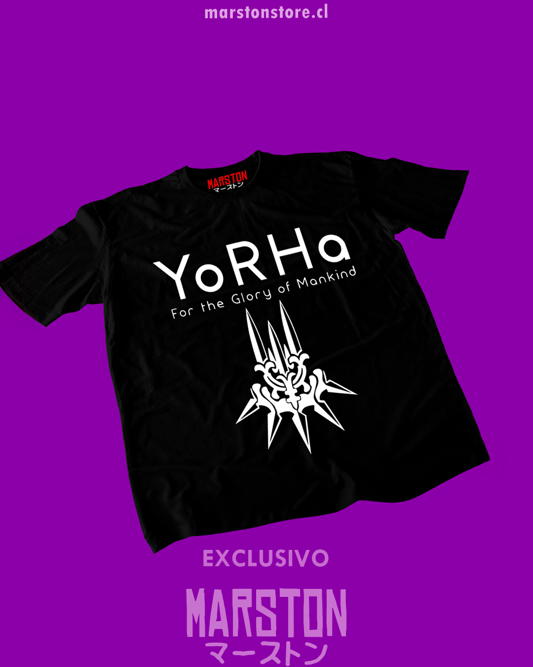 Polera negra NieR: Automata con diseño de YoRHa