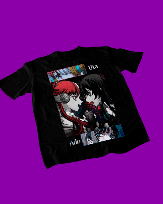 Polera negra One Piece con diseño de Ado y Uta