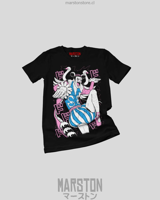 Polera negra One Piece con diseño de Bon Clay