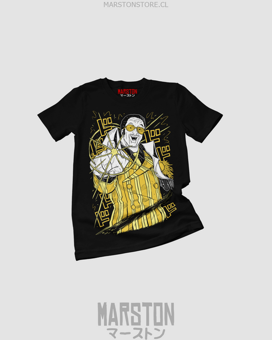 Polera negra One Piece con diseño de Borsalino Kizaru