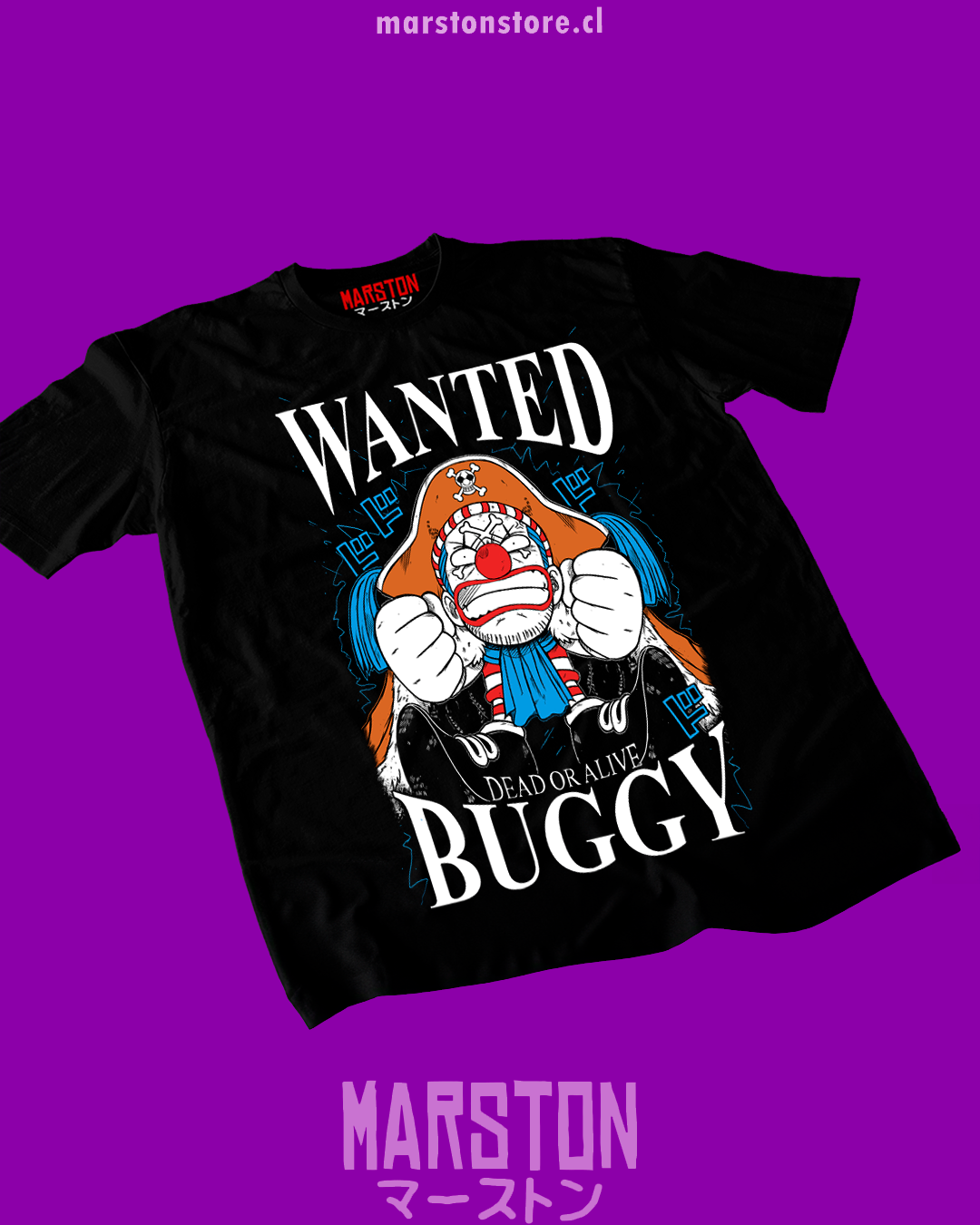 Polera negra One Piece con diseño de Buggy